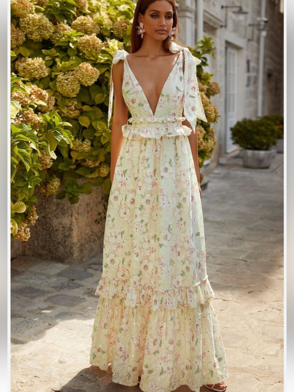 Alamour The Label Pink and Cream Floral Tie-Shoulder Maxi Dress